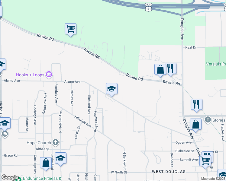 map of restaurants, bars, coffee shops, grocery stores, and more near 1429 Vale View Road in Kalamazoo