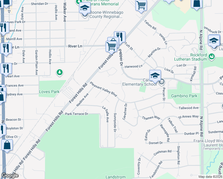 map of restaurants, bars, coffee shops, grocery stores, and more near 3412 Pleasant Valley Boulevard in Rockford