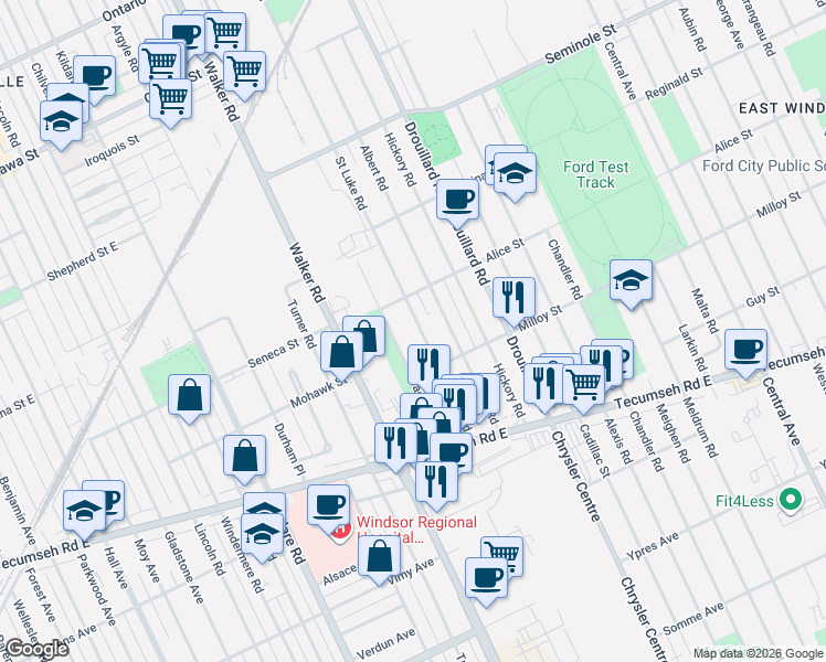map of restaurants, bars, coffee shops, grocery stores, and more near in Windsor