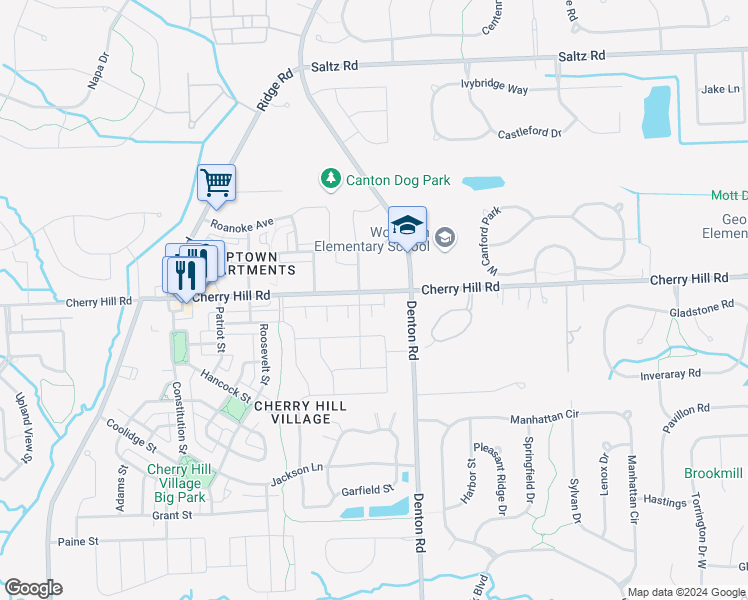 map of restaurants, bars, coffee shops, grocery stores, and more near 49519 Cherry Hill Road in Canton