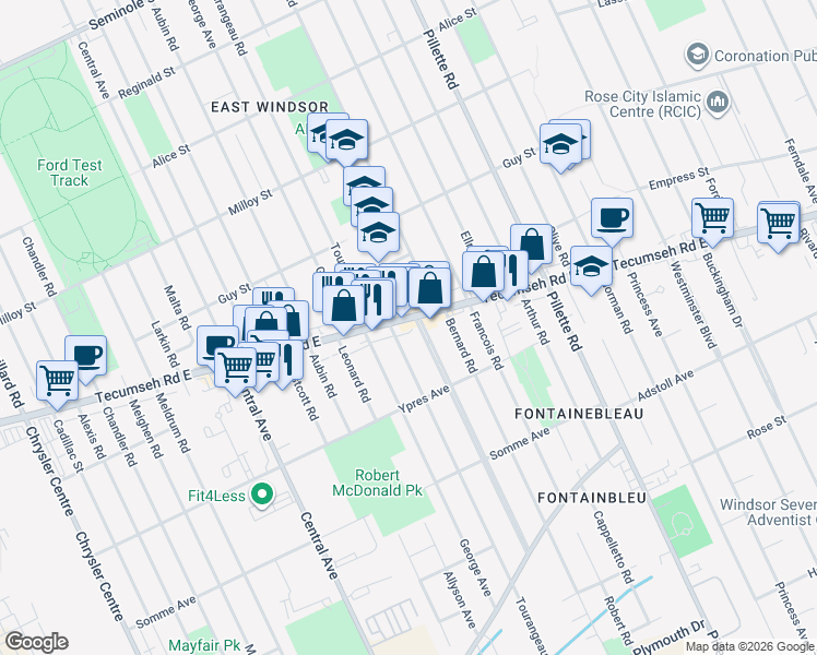 map of restaurants, bars, coffee shops, grocery stores, and more near 4117 Tecumseh Road East in Windsor