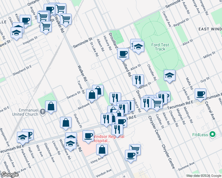 map of restaurants, bars, coffee shops, grocery stores, and more near in Windsor