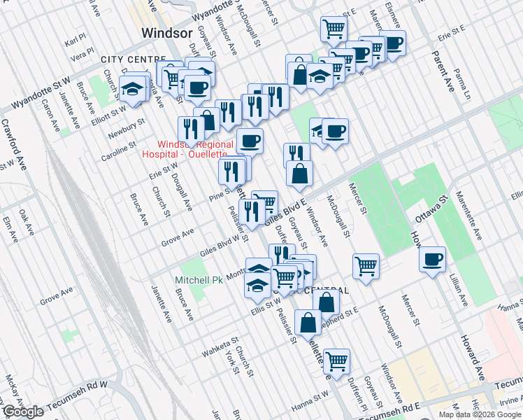 map of restaurants, bars, coffee shops, grocery stores, and more near 1176 Ouellette Avenue in Windsor