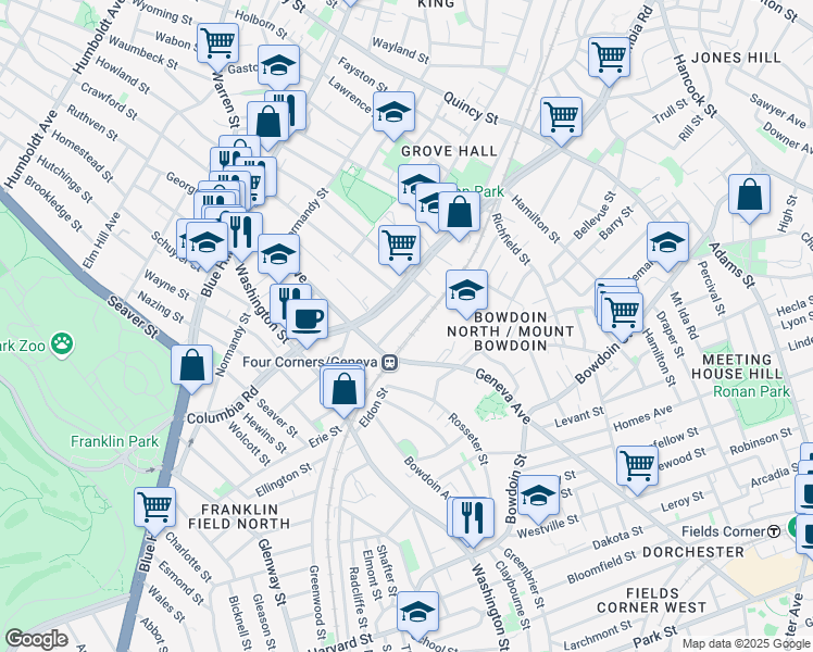map of restaurants, bars, coffee shops, grocery stores, and more near 27 Vaughan Avenue in Boston