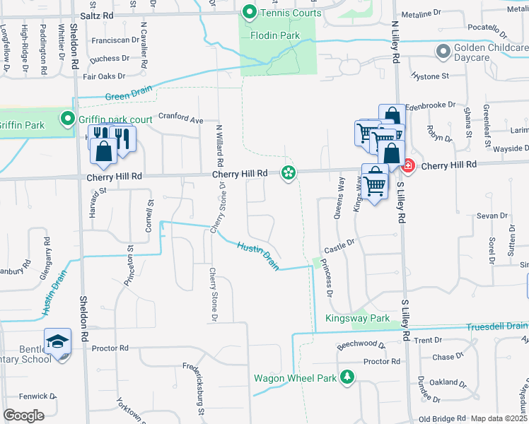 map of restaurants, bars, coffee shops, grocery stores, and more near 43104 Providence Lane in Canton