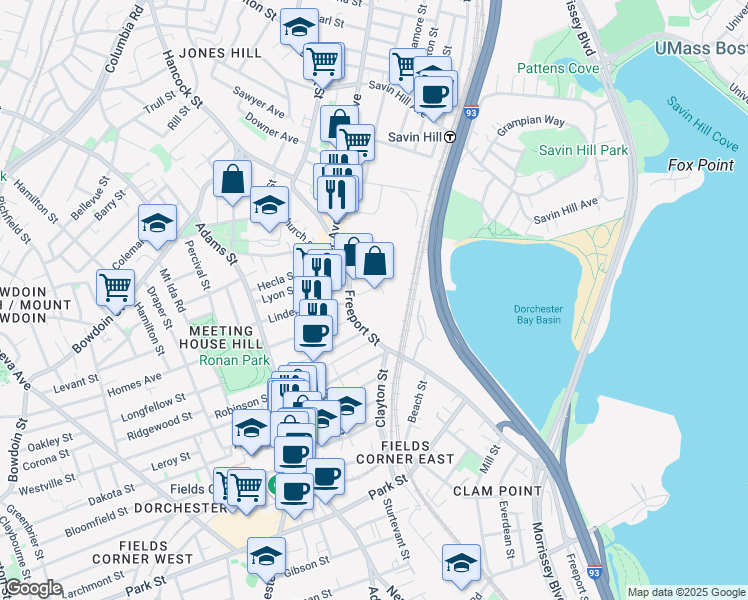 map of restaurants, bars, coffee shops, grocery stores, and more near 74-80 Freeport Street in Boston