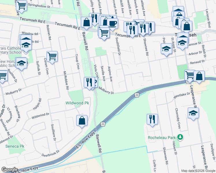 map of restaurants, bars, coffee shops, grocery stores, and more near 3250 Seville Avenue in Windsor