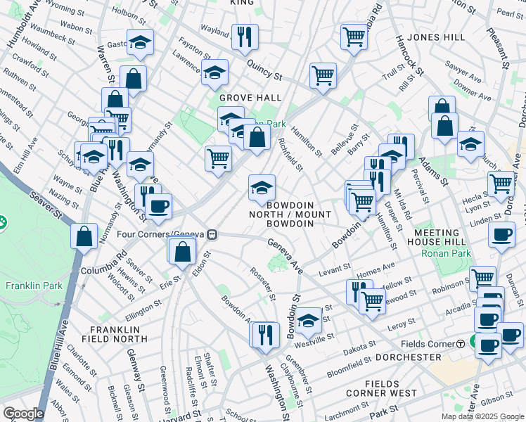 map of restaurants, bars, coffee shops, grocery stores, and more near 85 Olney Street in Boston