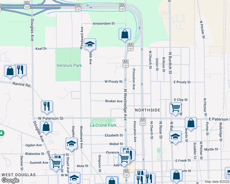 map of restaurants, bars, coffee shops, grocery stores, and more near 534 Lulu Street in Kalamazoo