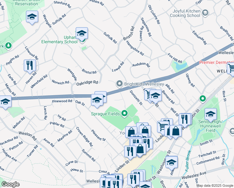 map of restaurants, bars, coffee shops, grocery stores, and more near 670 Massachusetts 9 in Wellesley