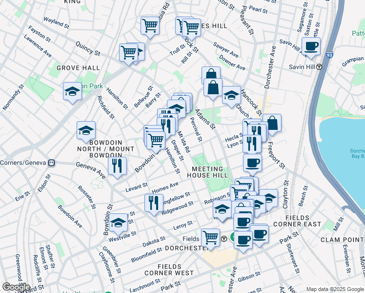 map of restaurants, bars, coffee shops, grocery stores, and more near 133-135 Draper Street in Boston