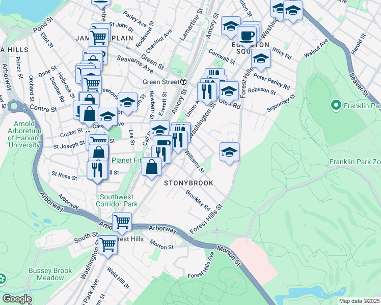 map of restaurants, bars, coffee shops, grocery stores, and more near 3502 Washington Street in Boston