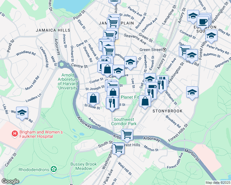 map of restaurants, bars, coffee shops, grocery stores, and more near 47 McBride Street in Boston