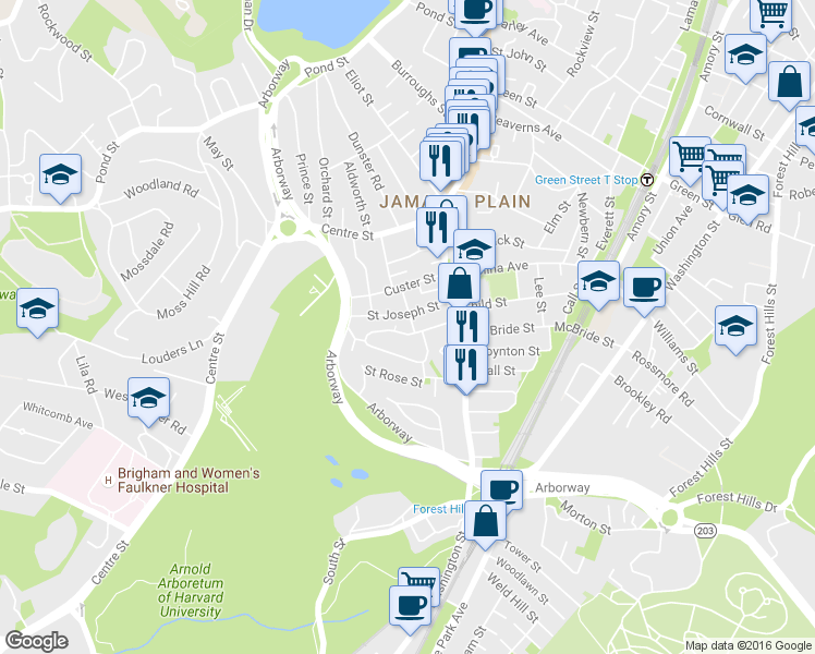 map of restaurants, bars, coffee shops, grocery stores, and more near 104 Jamaica Street in Boston