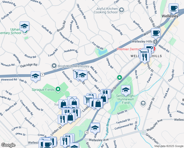 map of restaurants, bars, coffee shops, grocery stores, and more near 30 Alba Road in Wellesley