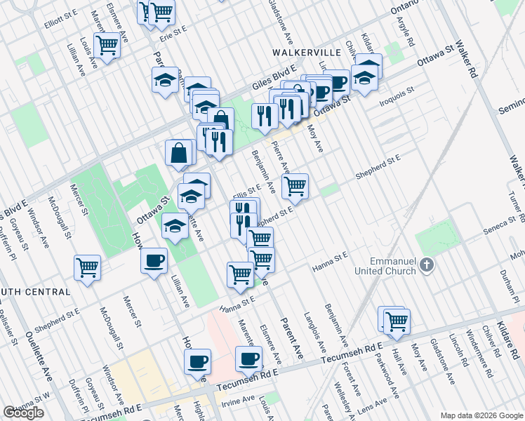 map of restaurants, bars, coffee shops, grocery stores, and more near 1465 Langlois Avenue in Windsor