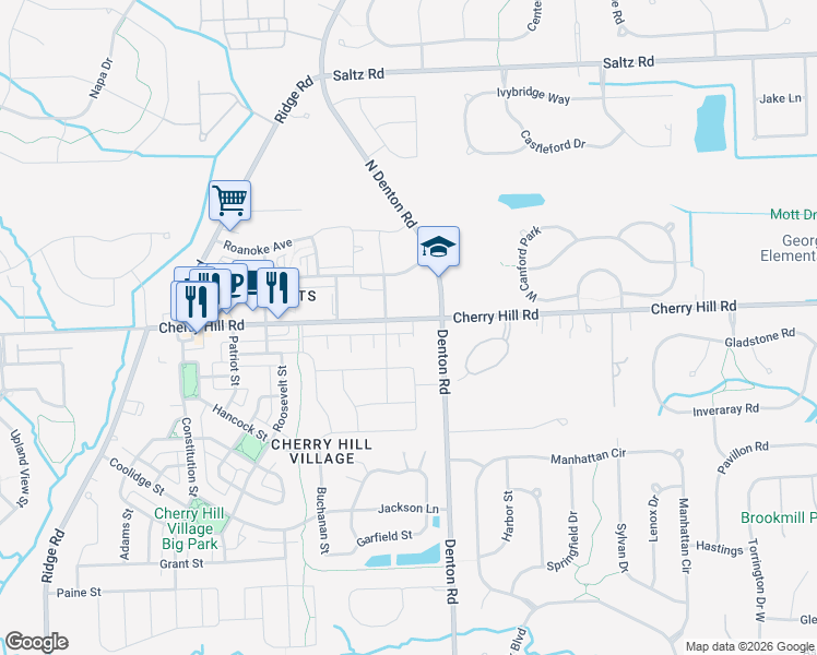 map of restaurants, bars, coffee shops, grocery stores, and more near 49519 Cherry Hill Road in Canton