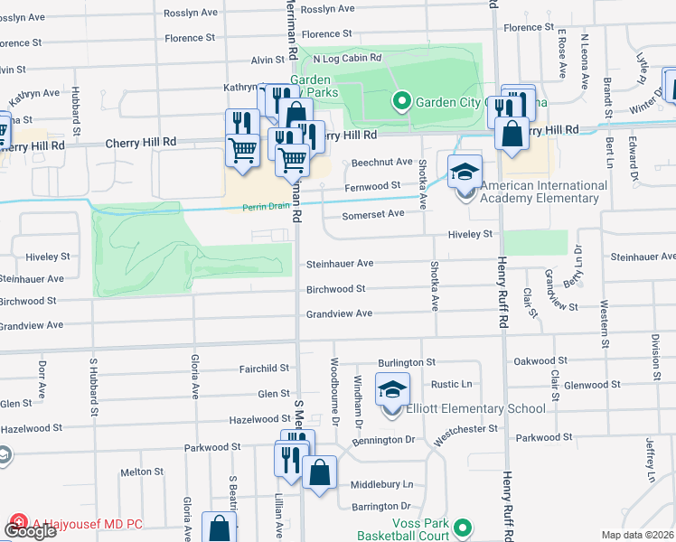map of restaurants, bars, coffee shops, grocery stores, and more near 31095 Steinhauer Street in Westland