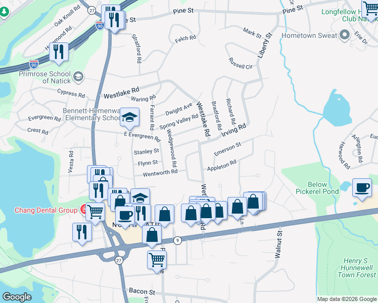 map of restaurants, bars, coffee shops, grocery stores, and more near 22 Terrane Avenue in Natick
