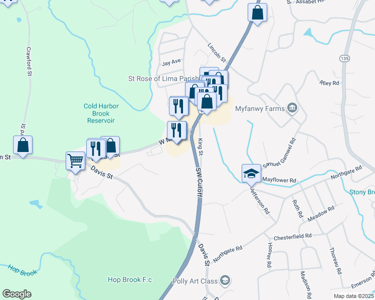 map of restaurants, bars, coffee shops, grocery stores, and more near 22 Southwest Cutoff in Northborough