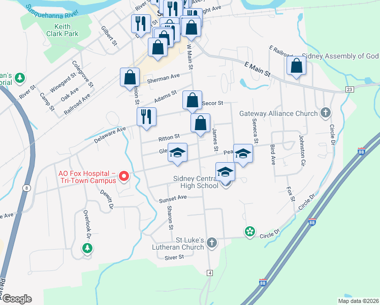 map of restaurants, bars, coffee shops, grocery stores, and more near 3 Glen Avenue in Sidney
