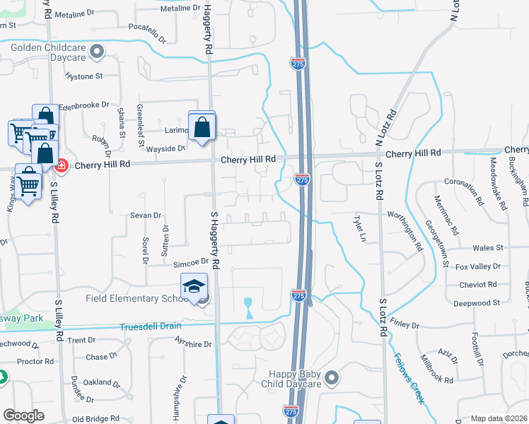 map of restaurants, bars, coffee shops, grocery stores, and more near 41348 Northwind Drive in Canton