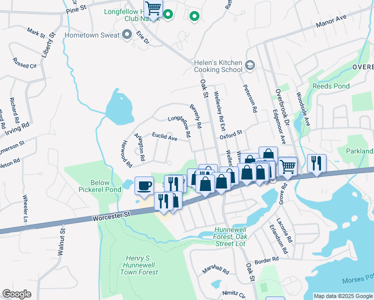 map of restaurants, bars, coffee shops, grocery stores, and more near 2 Longfellow Road in Natick
