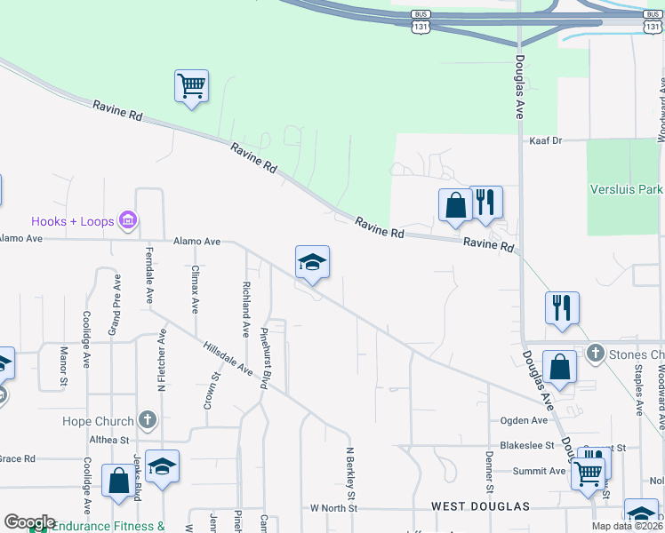 map of restaurants, bars, coffee shops, grocery stores, and more near 1429 Vale View Road in Kalamazoo