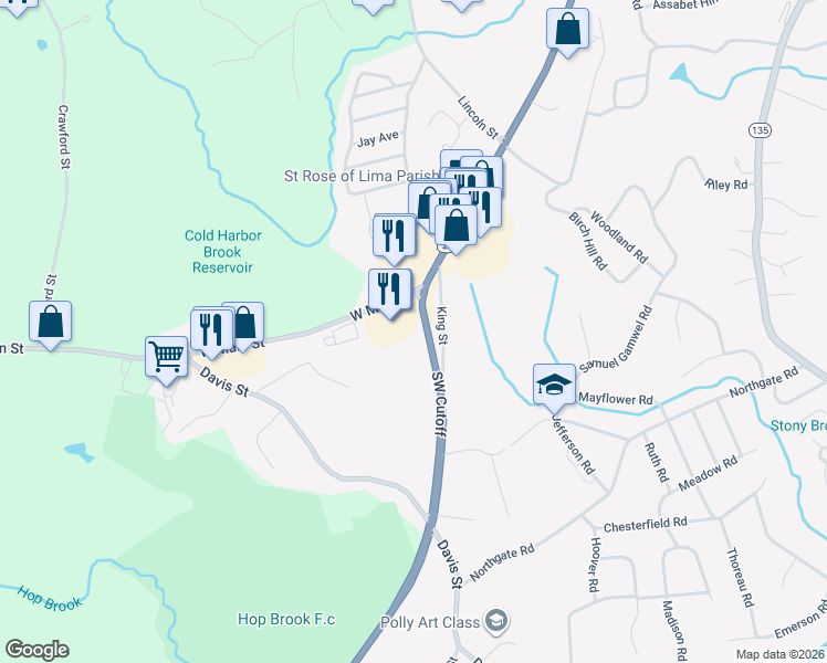 map of restaurants, bars, coffee shops, grocery stores, and more near 22 Southwest Cutoff in Northborough