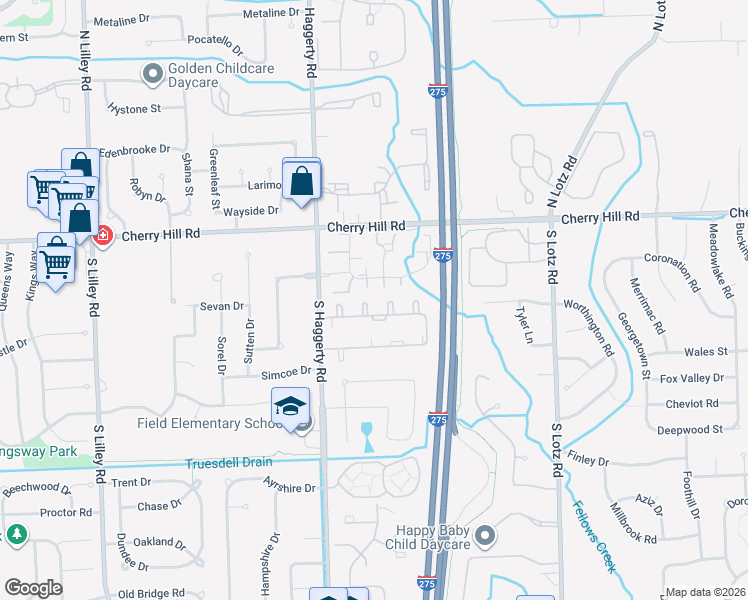 map of restaurants, bars, coffee shops, grocery stores, and more near 41304 Northwind Drive in Canton