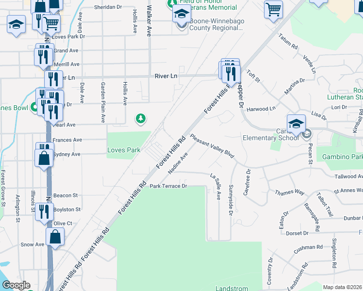 map of restaurants, bars, coffee shops, grocery stores, and more near 5515 Forest Hills Road in Rockford