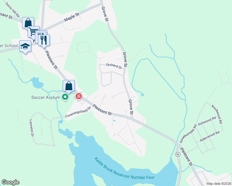 map of restaurants, bars, coffee shops, grocery stores, and more near 6 Elizabeth Lane in Paxton