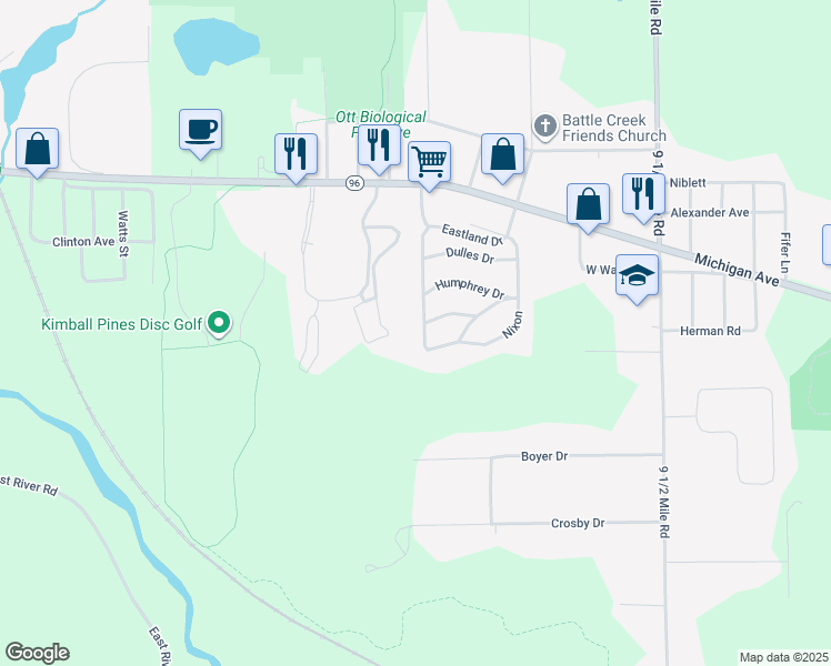 map of restaurants, bars, coffee shops, grocery stores, and more near 202 Eisenhower Drive in Battle Creek