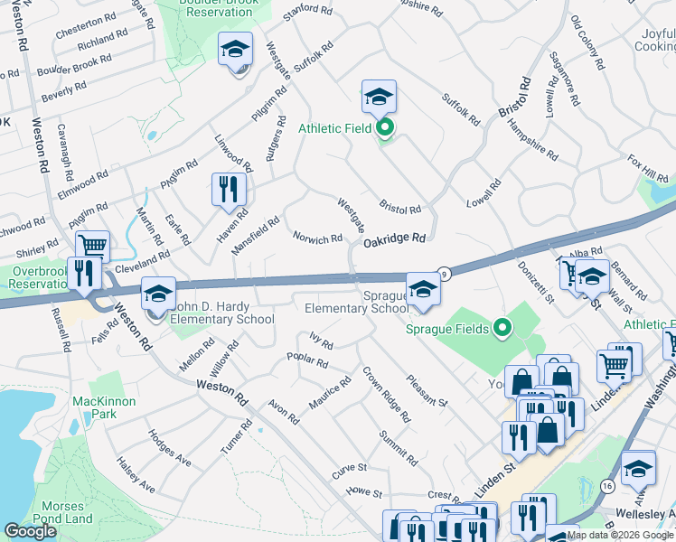 map of restaurants, bars, coffee shops, grocery stores, and more near 755 Massachusetts 9 in Wellesley