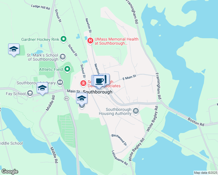 map of restaurants, bars, coffee shops, grocery stores, and more near 7 East Main Street in Southborough