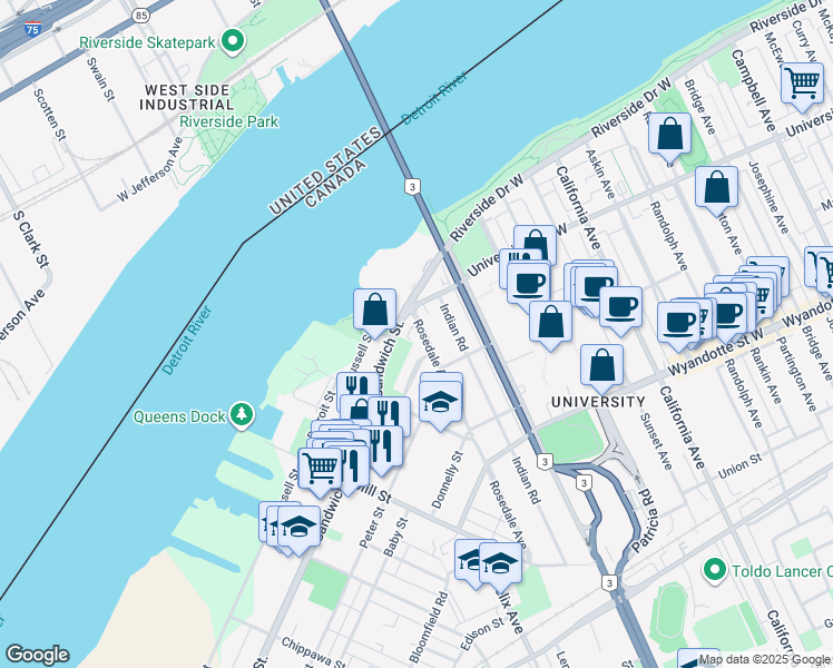 map of restaurants, bars, coffee shops, grocery stores, and more near 335 Rosedale Avenue in Windsor