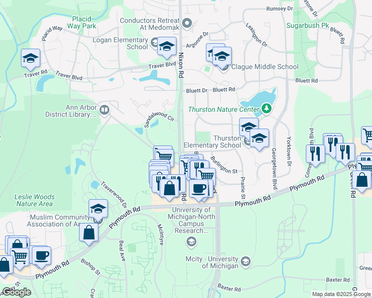 map of restaurants, bars, coffee shops, grocery stores, and more near 2300 Nixon Rd Service Dr in Ann Arbor