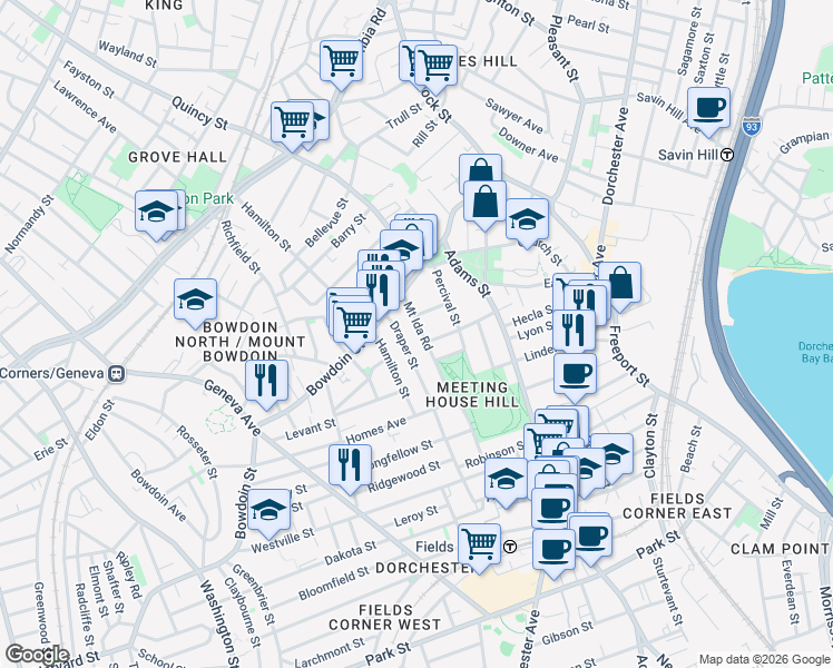 map of restaurants, bars, coffee shops, grocery stores, and more near 133-135 Draper Street in Boston