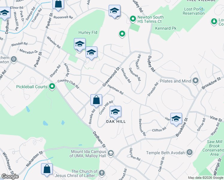 map of restaurants, bars, coffee shops, grocery stores, and more near 107 Hartman Road in Newton