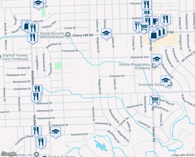 map of restaurants, bars, coffee shops, grocery stores, and more near 725 Magnolia Drive in Inkster