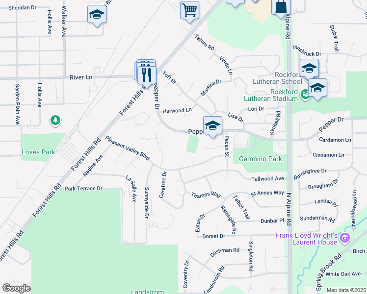 map of restaurants, bars, coffee shops, grocery stores, and more near 4015 Pepper Drive in Rockford
