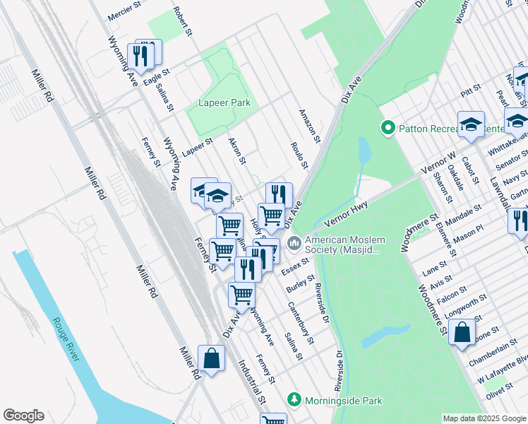 map of restaurants, bars, coffee shops, grocery stores, and more near 2515 Akron Street in Dearborn
