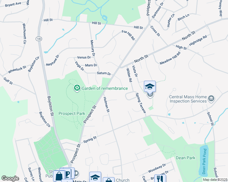 map of restaurants, bars, coffee shops, grocery stores, and more near 136 Prospect Street in Shrewsbury