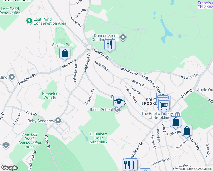 map of restaurants, bars, coffee shops, grocery stores, and more near 34 Wolcott Road Extension in Brookline
