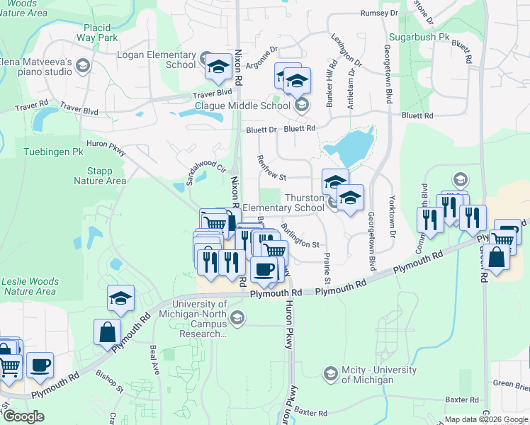 map of restaurants, bars, coffee shops, grocery stores, and more near 2721 Aurora Street in Ann Arbor