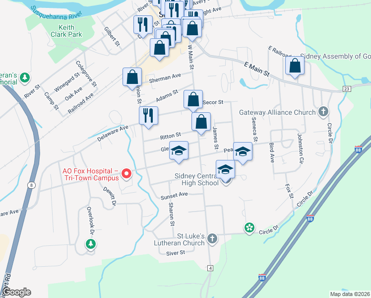 map of restaurants, bars, coffee shops, grocery stores, and more near 3 Glen Avenue in Sidney