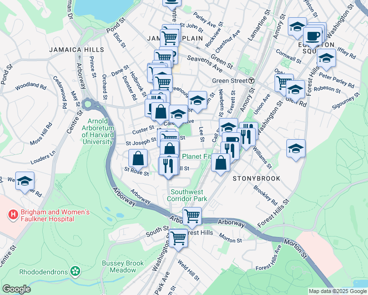 map of restaurants, bars, coffee shops, grocery stores, and more near 46 McBride Street in Jamaica Plain