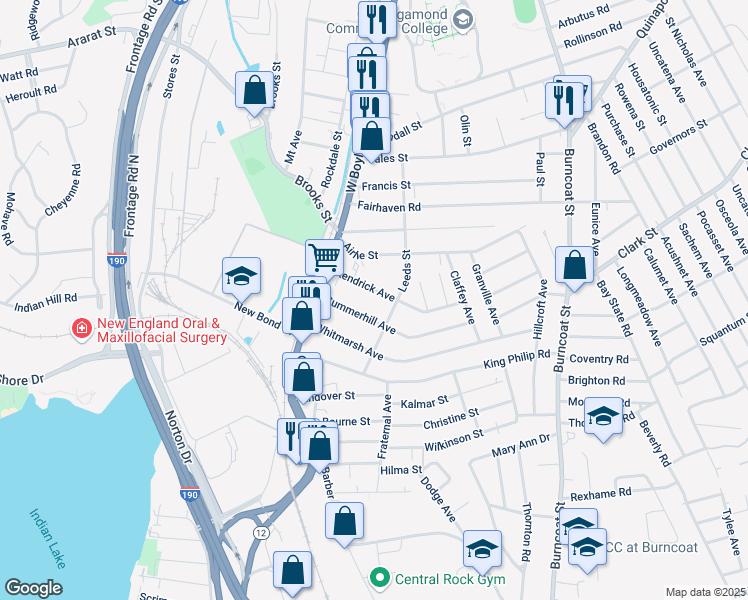 map of restaurants, bars, coffee shops, grocery stores, and more near 38 Kendrick Avenue in Worcester