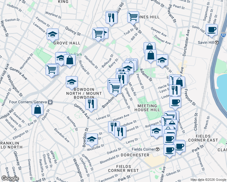 map of restaurants, bars, coffee shops, grocery stores, and more near in Boston