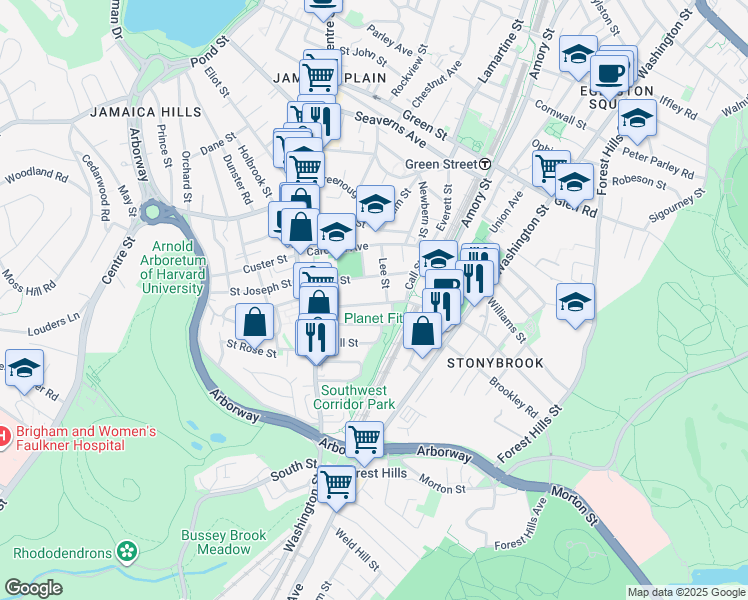 map of restaurants, bars, coffee shops, grocery stores, and more near 85 McBride Street in Boston